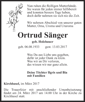 Traueranzeige von Ortrud Sänger von Ostthüringer Zeitung