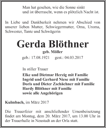 Traueranzeige von Gerda Blöthner von Ostthüringer Zeitung