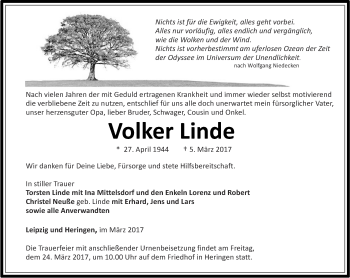 Traueranzeige von Volker Linde von Thüringer Allgemeine