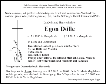 Traueranzeige von Egon Dölle von Thüringer Allgemeine