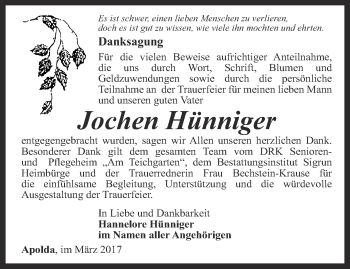 Traueranzeige von Jochen Hünniger von Thüringer Allgemeine, Thüringische Landeszeitung