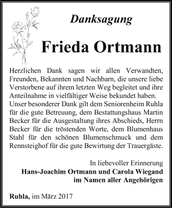 Traueranzeige von Frieda Ortmann von Thüringer Allgemeine, Thüringische Landeszeitung