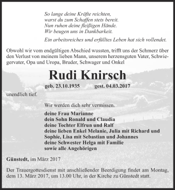 Traueranzeige von Rudi Knirsch von Thüringer Allgemeine