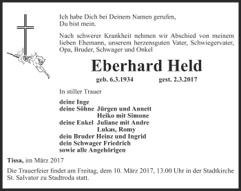 Traueranzeige von Eberhard Held von Ostthüringer Zeitung