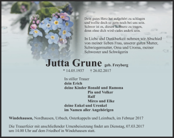 Traueranzeige von Jutta Grune von Thüringer Allgemeine