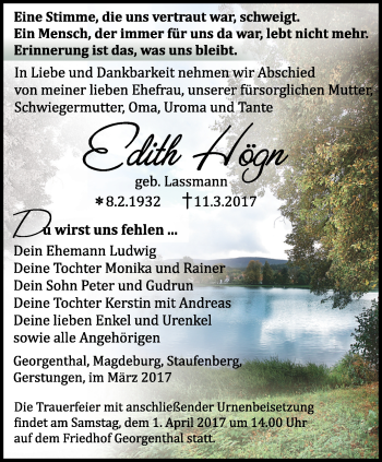 Traueranzeige von Edith Högn von Ostthüringer Zeitung, Thüringische Landeszeitung