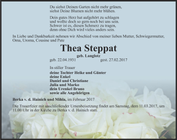 Traueranzeige von Thea Steppat von Thüringer Allgemeine, Thüringische Landeszeitung