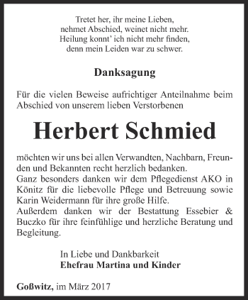 Traueranzeige von Herbert Schmied von Ostthüringer Zeitung