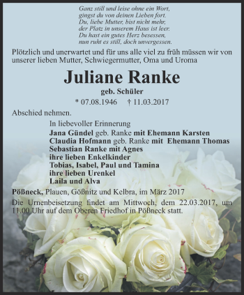 Traueranzeige von Juliane Ranke von Ostthüringer Zeitung
