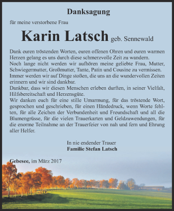 Traueranzeige von Karin Latsch von Thüringer Allgemeine, Thüringische Landeszeitung
