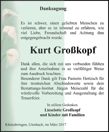 Traueranzeige von Kurt Großkopf von Thüringer Allgemeine, Thüringische Landeszeitung