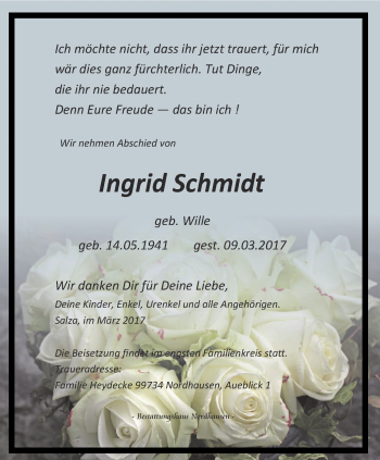 Traueranzeige von Ingrid Schmidt von Thüringer Allgemeine