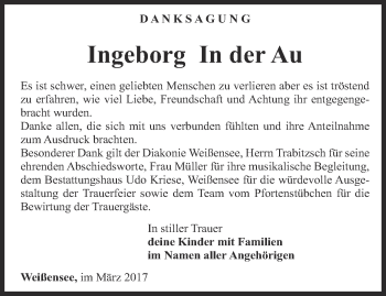 Traueranzeige von Ingeborg In der Au von Thüringer Allgemeine