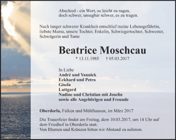 Traueranzeige von Beatrice Moschcau von Thüringer Allgemeine, Thüringische Landeszeitung