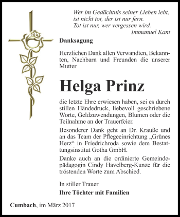 Traueranzeige von Helga Prinz von Ostthüringer Zeitung, Thüringische Landeszeitung