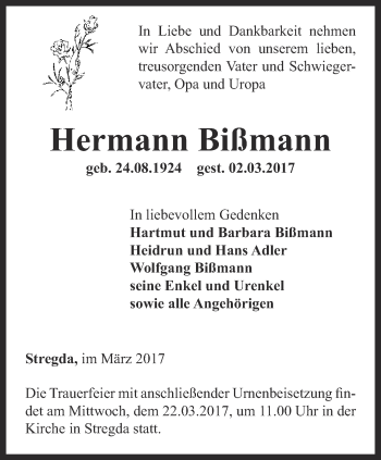 Traueranzeige von Hermann Bißmann von Thüringer Allgemeine, Thüringische Landeszeitung