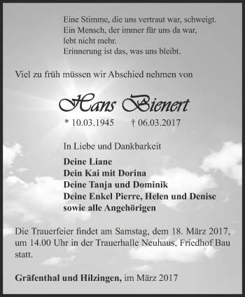Traueranzeige von Hans Biernert von Ostthüringer Zeitung