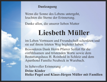 Traueranzeige von Liesbeth Müller von Ostthüringer Zeitung