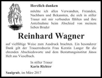 Traueranzeige von Reinhard Wagner von Thüringer Allgemeine, Thüringische Landeszeitung