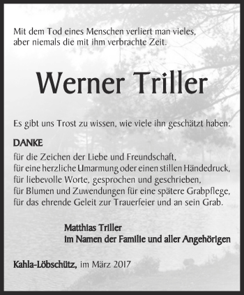Traueranzeige von Werner Triller von Ostthüringer Zeitung, Thüringische Landeszeitung