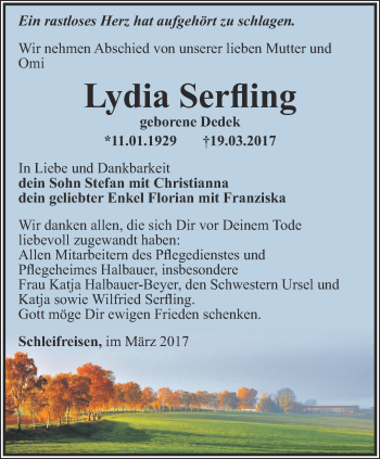 Traueranzeige von Lydia Serfling von Ostthüringer Zeitung