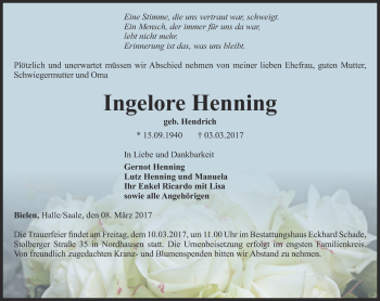 Traueranzeige von Ingelore Henning von Thüringer Allgemeine