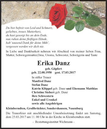 Traueranzeige von Erika Danz von Thüringer Allgemeine