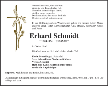 Traueranzeige von Erhard Schmidt von Thüringer Allgemeine, Thüringische Landeszeitung