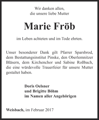 Traueranzeige von Marie Fröb von Ostthüringer Zeitung