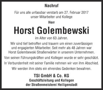 Traueranzeige von Horst Golembewski von Thüringer Allgemeine