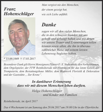 Traueranzeige von Franz Hohenschläger von Thüringer Allgemeine