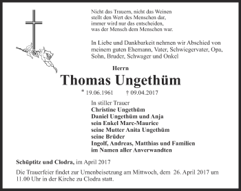 Traueranzeige von Thomas Ungethüm von Ostthüringer Zeitung