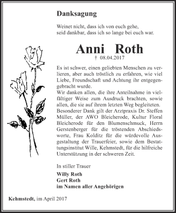 Traueranzeige von Anni Roth von Thüringer Allgemeine