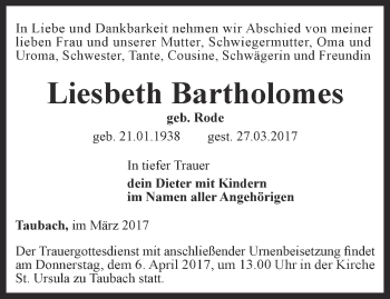 Traueranzeige von Liesbeth Bartholomes von Thüringer Allgemeine, Thüringische Landeszeitung