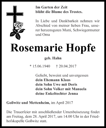 Traueranzeige von Rosemarie Hopfe von Ostthüringer Zeitung