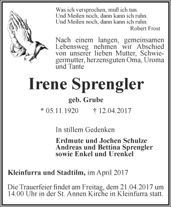 Traueranzeige von Irene Sprengler von Thüringer Allgemeine
