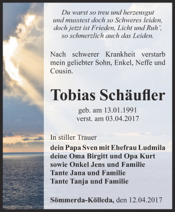 Traueranzeige von Tobias Schäufler von Thüringer Allgemeine