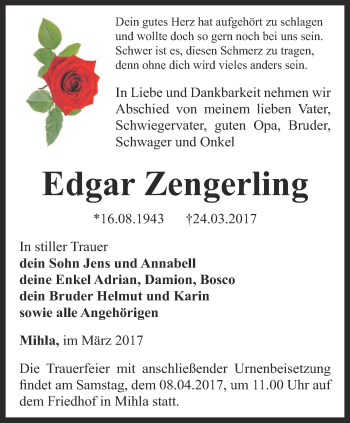 Traueranzeige von Edgar Zengerling von Thüringer Allgemeine, Thüringische Landeszeitung