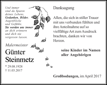 Traueranzeige von Günter Steinmetz von Thüringer Allgemeine