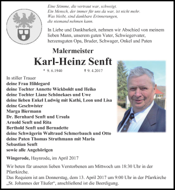 Traueranzeige von Karl-Heinz Senft von Thüringer Allgemeine