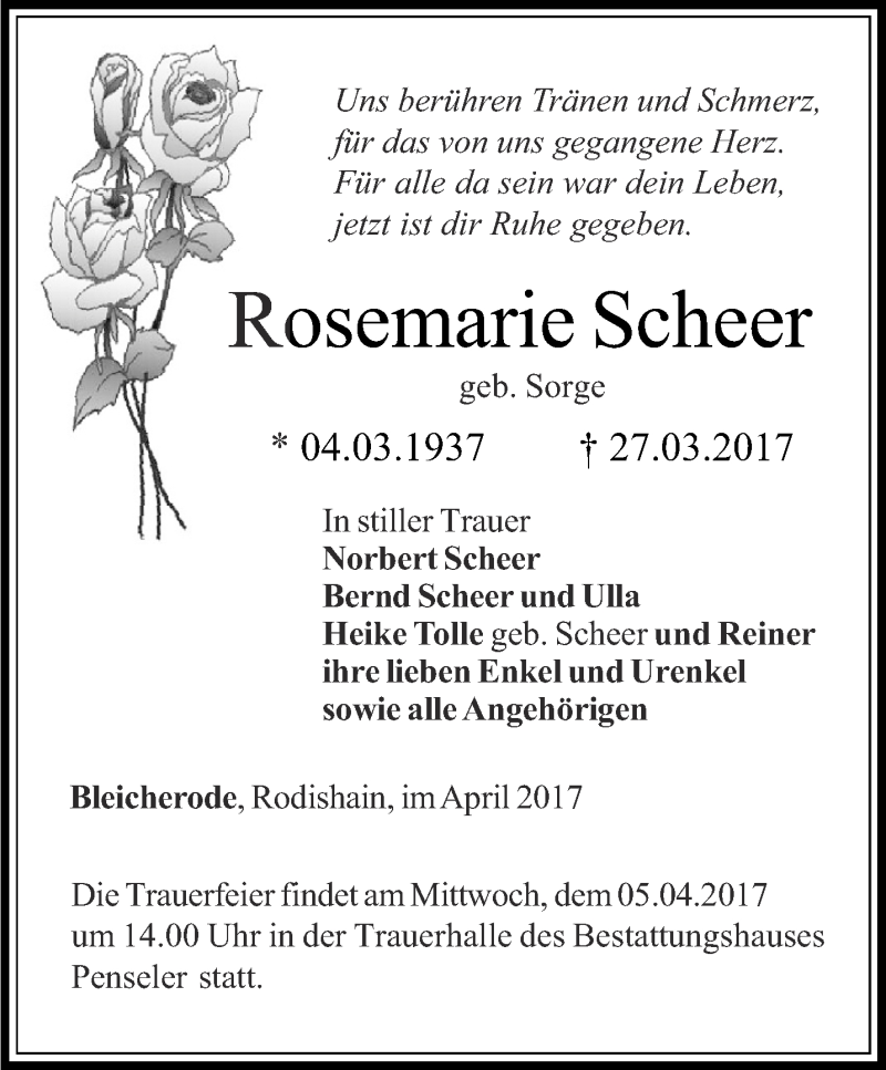  Traueranzeige für Rosemarie Scheer vom 01.04.2017 aus Thüringer Allgemeine