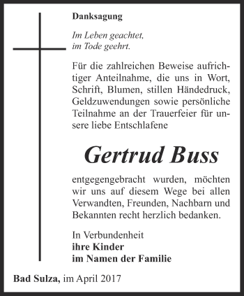 Traueranzeige von Gertrud Buss von Thüringer Allgemeine, Thüringische Landeszeitung