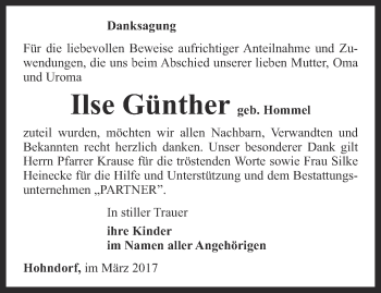 Traueranzeige von Ilse  Günther von Ostthüringer Zeitung