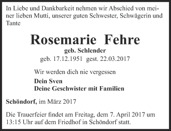 Traueranzeige von Rosemarie Fehre von Thüringer Allgemeine, Thüringische Landeszeitung