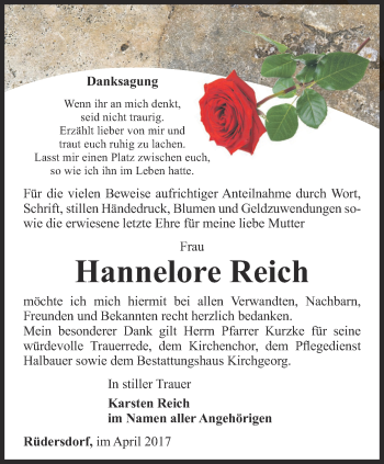 Traueranzeige von Hannelore Reich von Ostthüringer Zeitung