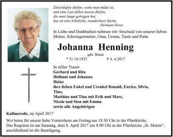 Traueranzeige von Johanna Henning von Thüringer Allgemeine