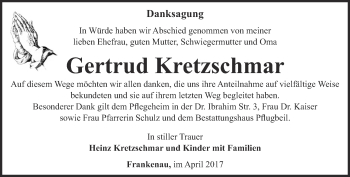 Traueranzeige von Gertrud Kretzschmar von Ostthüringer Zeitung