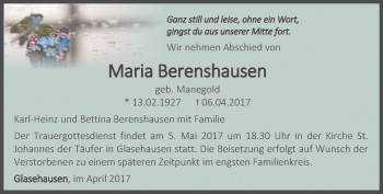 Traueranzeige von Maria Berenshausen von Thüringer Allgemeine