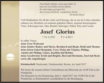 Traueranzeige von Josef Glorius von Thüringer Allgemeine