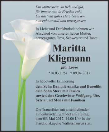 Traueranzeige von Maritta Kligmann von Ostthüringer Zeitung, Thüringische Landeszeitung